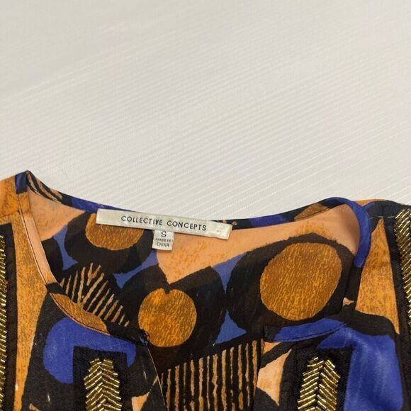 Collective Concepts Beaded Flowy Top Blouse Womens Small Blue Purple Tan Gold - Picture 6 of 10